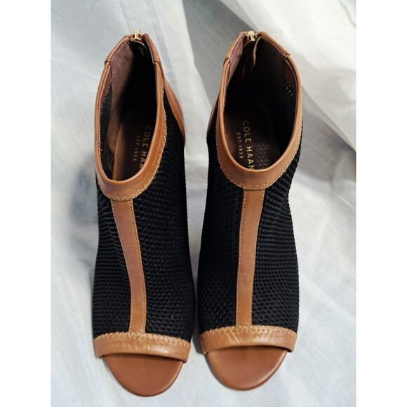 Cole Haan Adella Black Mesh Pecan Tan Leather Open Toe Booties Womens 7.5 - Picture 6 of 12
